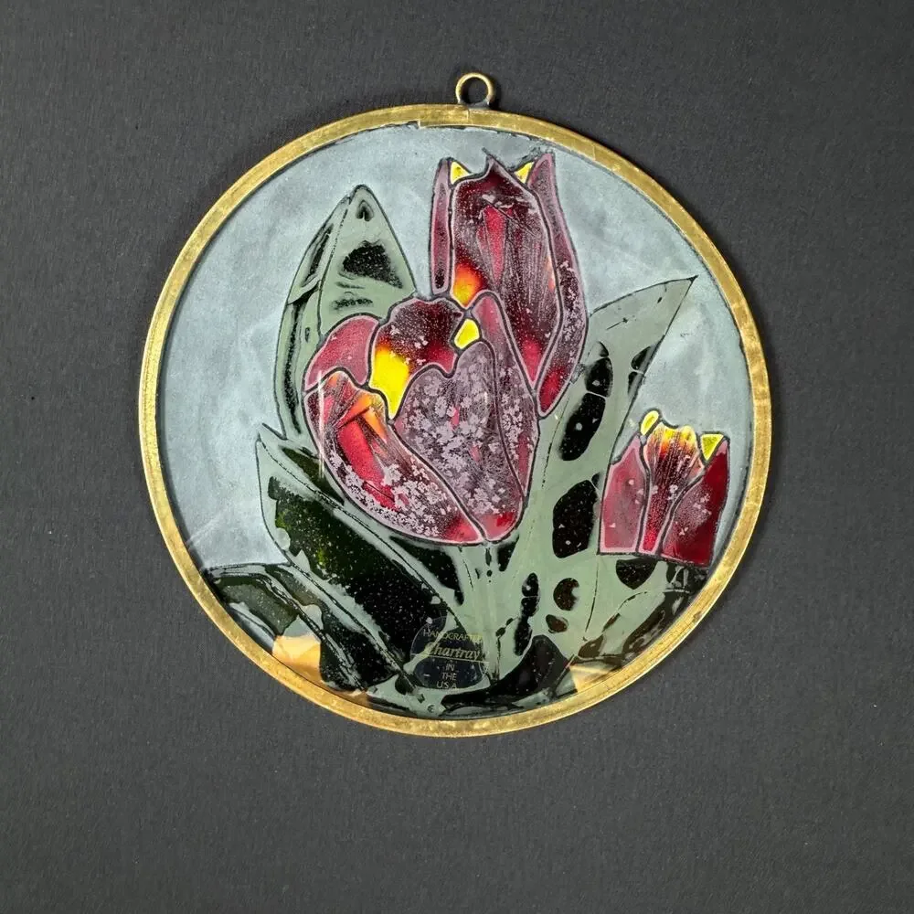 Lot of 4 Handcrafted Chartray Glass Art Panels (USA) Vintage flowers bird
